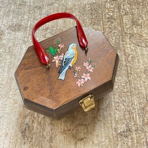 Hand Made Vintage Wooden Mini Bag with Red Handle